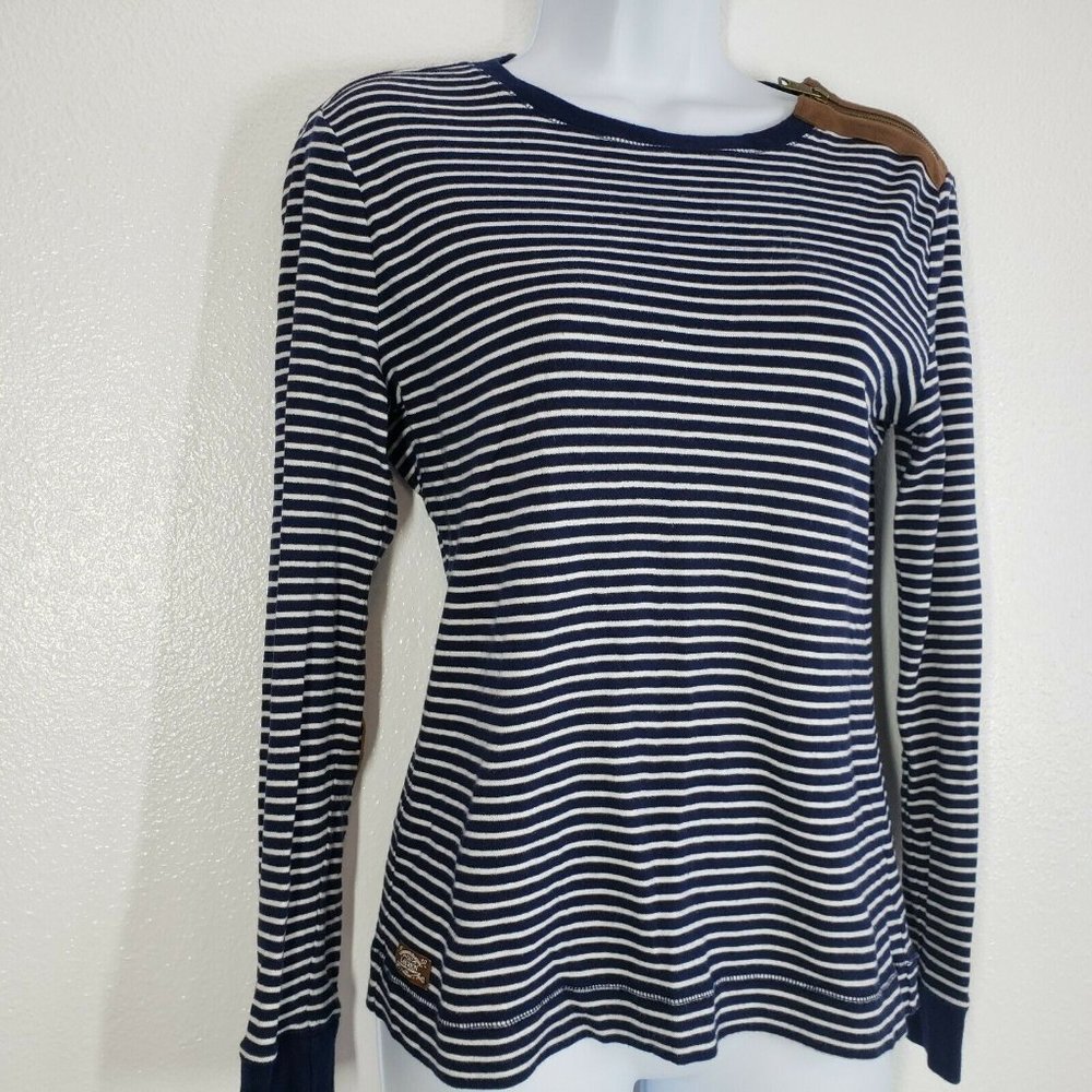 Lauren Ralph Lauren Womens top blue White Striped leather patch Shirt Medium‎ - Picture 5 of 10